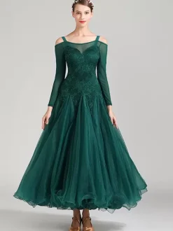 Ballroom Dance Costumes Dark Green Women's Elegant Polyester Lace Bateau Neck Lace Ruffles Dress Dance Dress