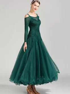Ballroom Dance Costumes Dark Green Women's Elegant Polyester Lace Bateau Neck Lace Ruffles Dress Dance Dress