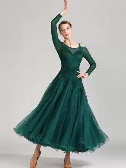 Ballroom Dance Costumes Dark Green Women's Elegant Polyester Lace Bateau Neck Lace Ruffles Dress Dance Dress