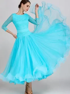 Ballroom Dance Costumes Light Sky Blue Women's Sexy Jewel Neck Polyester Dress Tiered Lace Layered Dance Dress