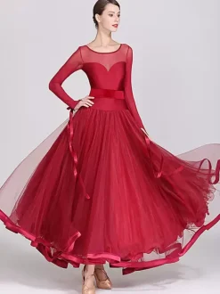 Ballroom Dance Costumes Royal Blue Women's Sexy Polyester Transparente Jewel Neck Layered Ruffles Bows Dress Dance Dress