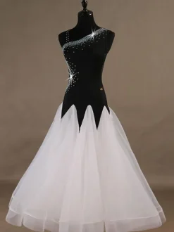 Ballroom Dance Costume Dresses Black Women Sleeveless Beaded Organza Training Dancing Wear