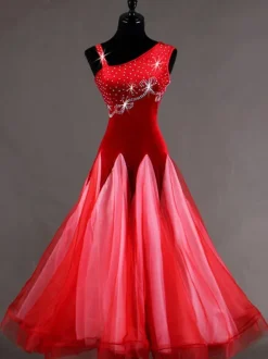Ballroom Dance Costume Dresses Purple Women Long Sleeve Organza Beaded Practice Dancing Costume