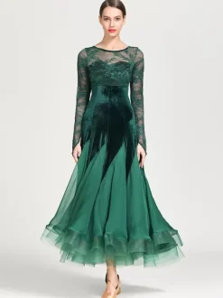 Ballroom Dance Costumes Black Women's Elegant Transparente Lace Jewel Neck Chiffon Dress Lace Ruffles Layered Dance Dress