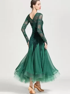 Ballroom Dance Costumes Black Women's Elegant Transparente Lace Jewel Neck Chiffon Dress Lace Ruffles Layered Dance Dress