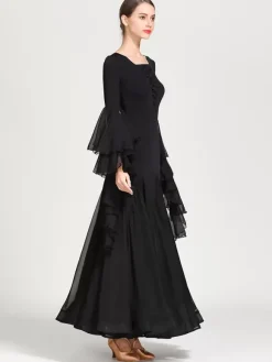 Ballroom Dance Costumes Black Women's Elegant Transparente Lace Jewel Neck Chiffon Dress Lace Ruffles Layered Dance Dress