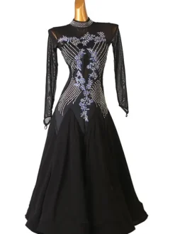 Ballroom Dance Costumes Black Women's Sexy Polyester Floral Print Rhinestones Dress Dancer Dance Dress