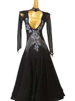 Ballroom Dance Costumes Black Women's Sexy Polyester Floral Print Rhinestones Dress Dancer Dance Dress
