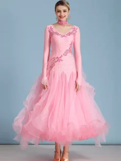 Ballroom Dance Costumes Blue Women's Elegant V-Neck Polyester Dress Ruffles Flowers Layered Dance Wear