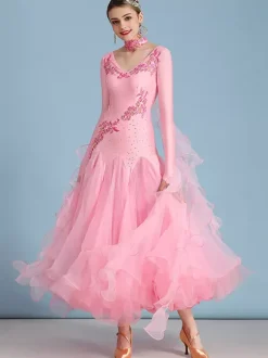 Ballroom Dance Costumes Blue Women's Elegant V-Neck Polyester Dress Ruffles Flowers Layered Dance Wear
