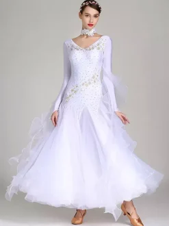 Ballroom Dance Costumes Blue Women's Elegant V-Neck Polyester Dress Ruffles Flowers Layered Dance Wear