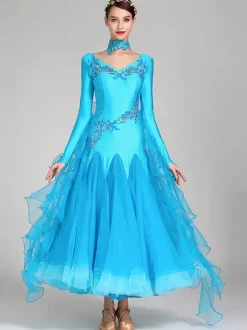 Ballroom Dance Costumes Blue Women's Elegant V-Neck Polyester Dress Ruffles Flowers Layered Dance Wear