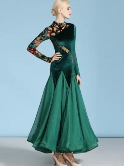 Ballroom Dance Costumes Dark Green Women's Sexy Transparente Stand Collar Velour Dress Tiered Layered Dance Dress