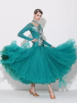 Ballroom Dance Costumes Green Women's Sexy Transparente Bateau Neck Polyester Dress Flowers Rhinestones Layered Dance Wear