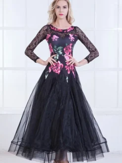Ballroom Dance Dresses Women Long Sleeve Printed Organza Lace Practice Dancing Costume