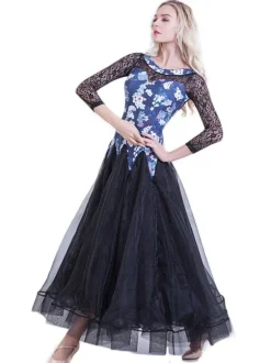 Ballroom Dance Dresses Women Long Sleeve Printed Organza Lace Practice Dancing Costume