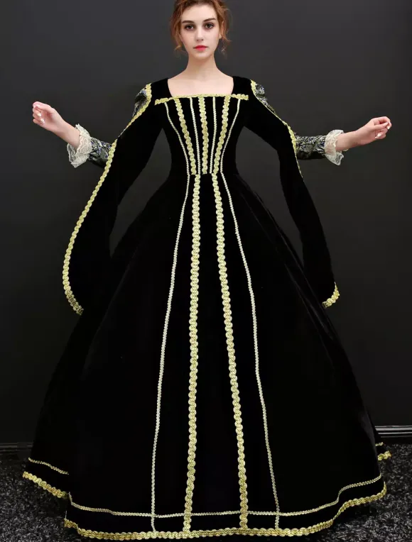 Baroque Costume Women's Vintage Black Velour Long Dresses