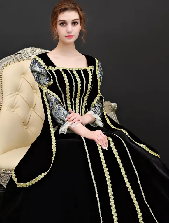 Baroque Costume Women's Vintage Black Velour Long Dresses