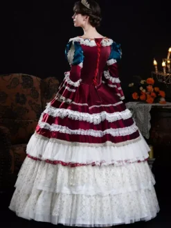 Baroque Women's Dress Vintage Clothing Burgundy Ruffles Lace Long Sleeves Ball Gown