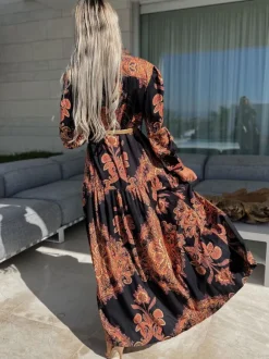 Baroque Emblem Maxi Dress for Women - Scroll Print V Neck Lantern Sleeve High Slit Dress - Spring Resort Wedding Guest 2026