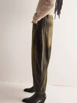 Barrel Leg Jeans For Women - Horseshoe Cut Baggy Wide Leg Denim Trousers With Seam Detail - Spring Casual Streetwear 2026