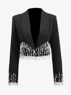Beaded Tassel Blazer Jacket For Women - Fringe Cropped Shawl Lapel Black Party Coat - Spring Evening 2026