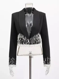 Beaded Tassel Blazer Jacket For Women - Fringe Cropped Shawl Lapel Black Party Coat - Spring Evening 2026