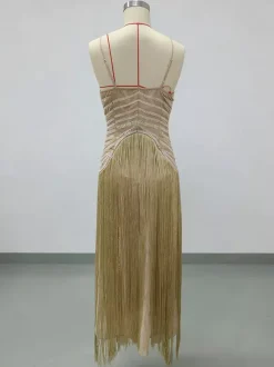 Beaded Fringed Slip Cocktail Dress For Women - Apricot Gatsby Flapper Style Sleeveless Maxi Gown - Summer Party Prom 2026