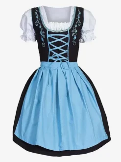 Beer Girl Costume Baby Blue Embroidered Dress Cotton Oktoberfest Costumes Halloween