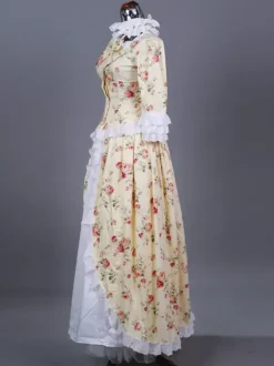 Beige Retro Costumes Women's Floral Print Marie Antoinette Costume Ruffles Lace Polyester Set Dress Retro Masquerade Ball Gown