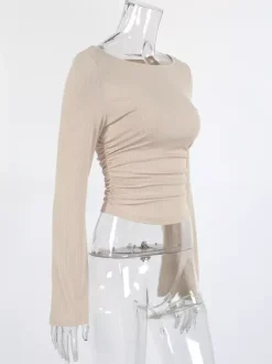 Beige Ribbed Women Long Sleeve Top - Chic Ruched Front Flare Sleeve Slim Fit - Minimalist Basic Spring Casual Streetwear 2026