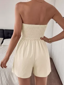 Beige Notch Neck Strapless Romper Women Smocked Back Casual Summer Playsuit