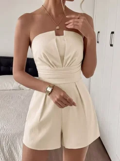 Beige Notch Neck Strapless Romper Women Smocked Back Casual Summer Playsuit