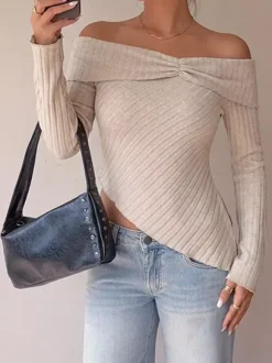 Beige Twist Front Off Shoulder Ribbed Knit Top Long Sleeve Asymmetrical Hem Slim Sweater