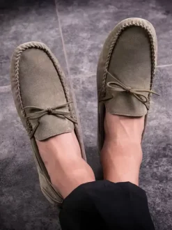 Belgian Loafer Shoes For Men Cosy Suede Leather Bows Slip-On Khaki Casual Flat Shoes