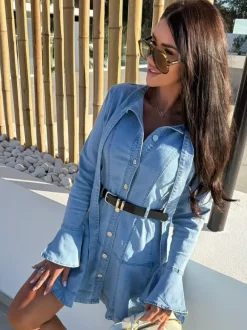 Bell Sleeve Mini Denim Dress For Women - Light Blue Flare Cuff Button Down Belted Jean Shirt Dress - Spring Daily Casual 2026