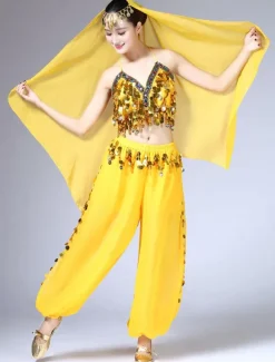 Belly Dance Costume Chiffon Red Women's Pants With Top And Headband
