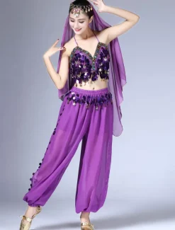 Belly Dance Costume Chiffon Red Women's Pants With Top And Headband
