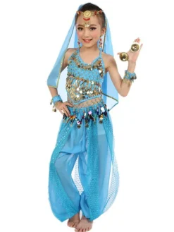 Belly Dance Costume Kids Blue Chiffon Sleeveless Indian Bollywood Dancing Costumes