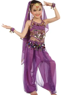 Belly Dance Costume Kids Blue Chiffon Sleeveless Indian Bollywood Dancing Costumes