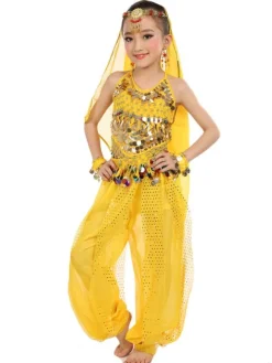 Belly Dance Costume Kids Blue Chiffon Sleeveless Indian Bollywood Dancing Costumes