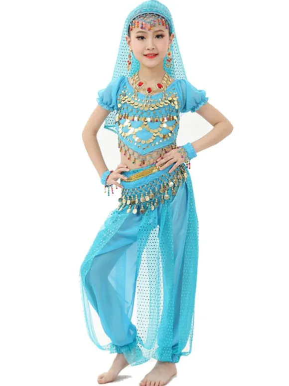 Belly Dance Costume Kids Light Green Chiffon Bollywood Indian Dancing Costumes