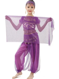 Belly Dance Costume Kids Light Green Chiffon Bollywood Indian Dancing Costumes