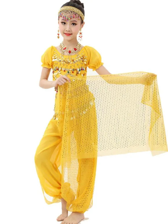 Belly Dance Costume Kids Light Green Chiffon Bollywood Indian Dancing Costumes