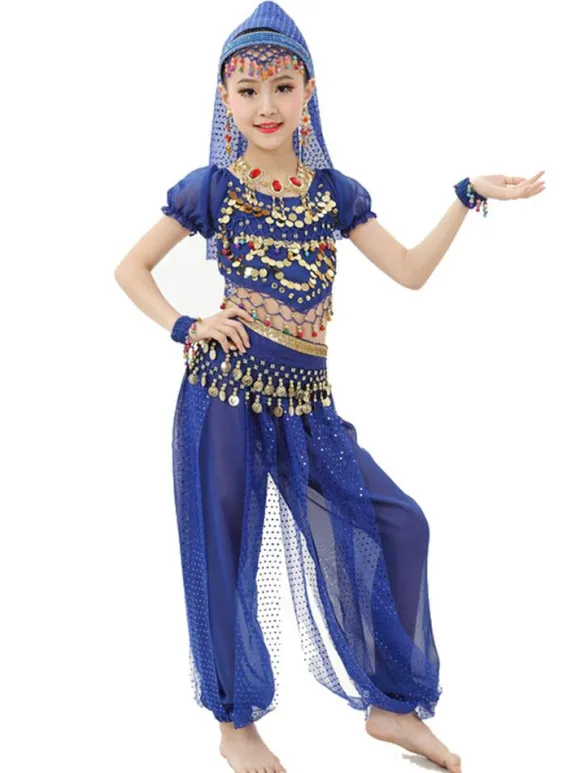 Belly Dance Costume Kids Light Green Chiffon Bollywood Indian Dancing Costumes