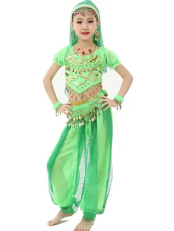 Belly Dance Costume Kids Light Green Chiffon Bollywood Indian Dancing Costumes