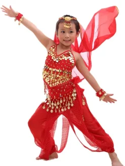 Belly Dance Costume Kids Red Chiffon Sleeveless Indian Bollywood Dancing Costumes