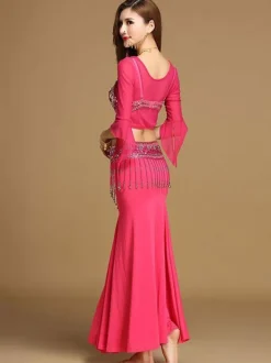Belly Dance Costumes Women Rose Red Beading High Slit Belly Dancing Performance Costume