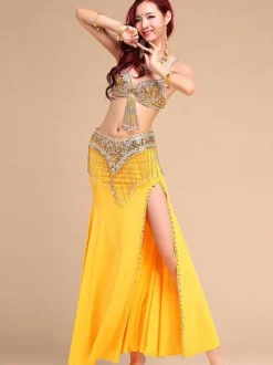 Belly Dance Costumes Women Rose Red Beading High Slit Belly Dancing Performance Costume