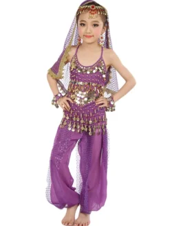 Belly Dance Costume Kids Blue Chiffon Sleeveless Indian Bollywood Dancing Costumes